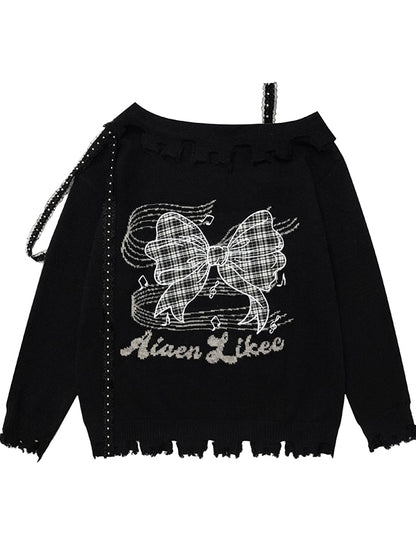 Pink/Black/White Bowknot Applique Asymmetrical Neckline Sweater Distress Trim