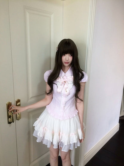 Pink Details Lace Blouse Seiso-Kei Ruffle Short Sleeve Striped With Bow Style