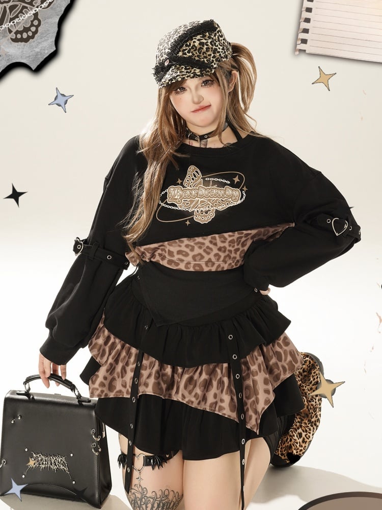 プラスサイズ レオパード柄 ブラック＆ブラウン クロップド スウェットシャツ＆ホルターネック トップ
