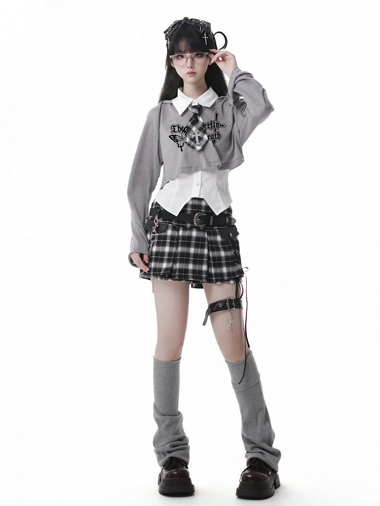 Y2K Lace-up Black Detail Plaid Skort with Buckle Belt and Chain White/ Khaki