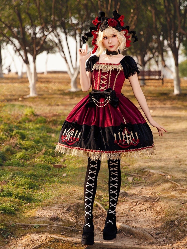 Polka Chandelier Lolita Red Suede Black Dot Sweet and Bows Dress Print with Wine