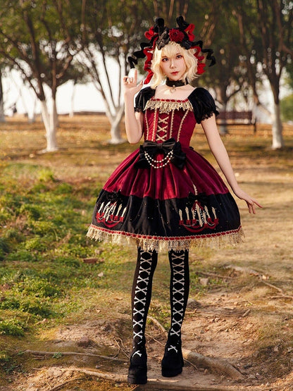 Polka Chandelier Lolita Red Suede Black Dot Sweet and Bows Dress Print with Wine