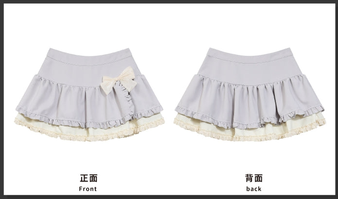 Grey Bowknot Details Tiered Skirt Lace Trim
