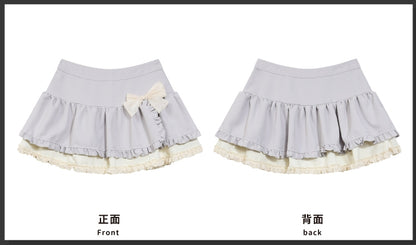 Grey Bowknot Details Tiered Skirt Lace Trim