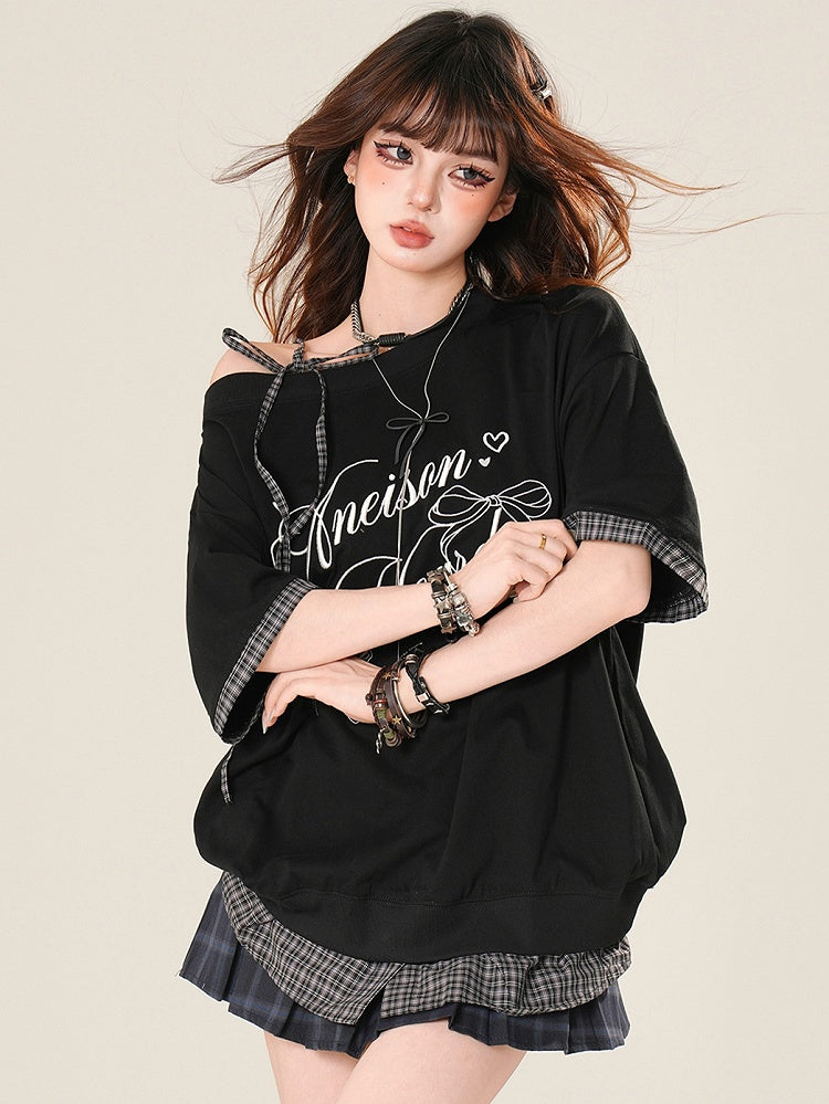 Musterträger Bittersweet Selbstbinden Kariertes T-Shirt Schwarz Asymmetrischer Ausschnitt