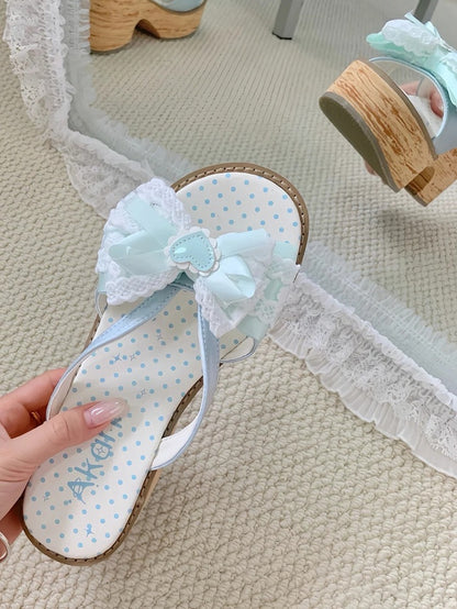 Lolita - Top Bow Slippers Satin Sole Mint Grain Wa at Platform Wood