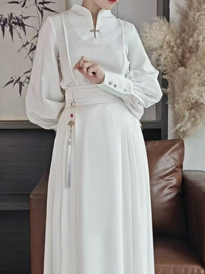 Balloon Mandarin White Chinese Sleeve Cuffs Button Style with Top Sleeves Collar - Snap Long