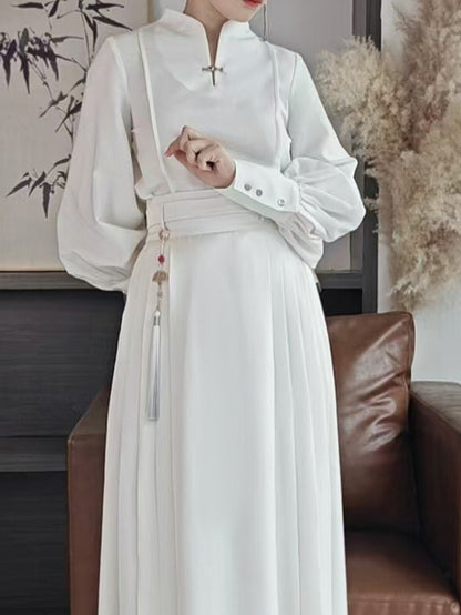 Balloon Mandarin White Chinese Sleeve Cuffs Button Style with Top Sleeves Collar - Snap Long