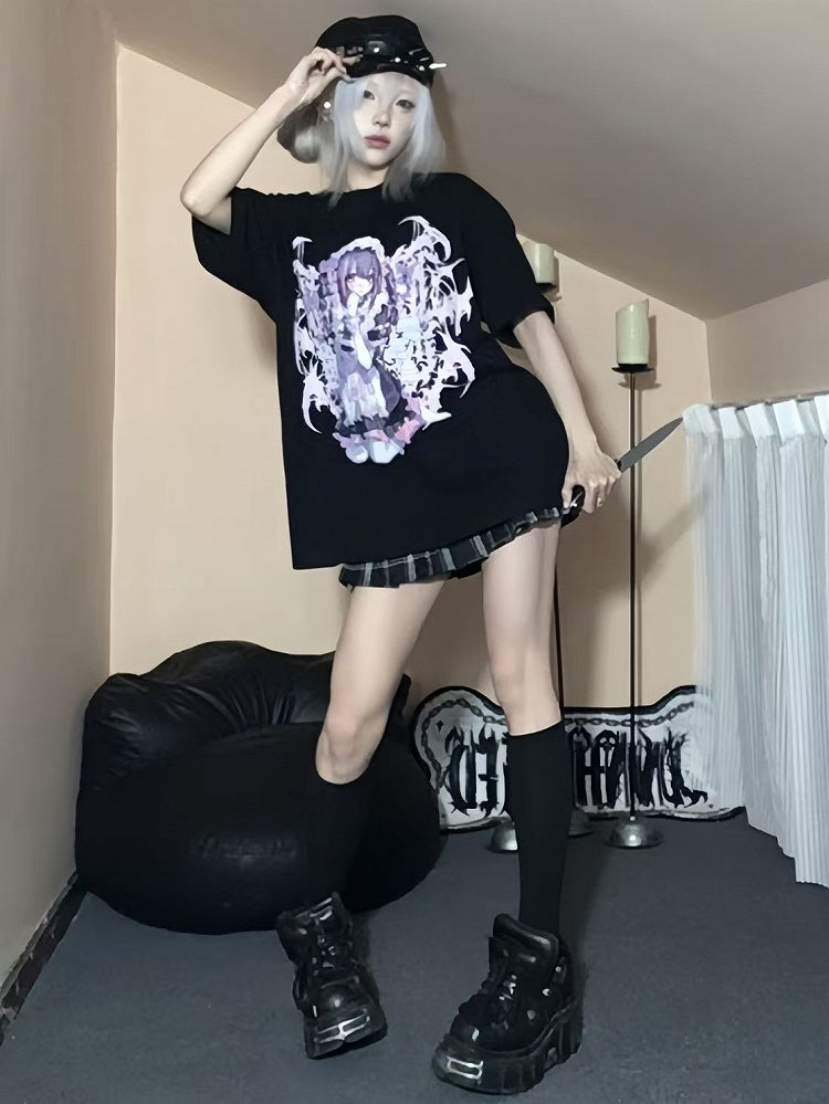 ブラック ジライ 漫画ガール ラウンド ケイ Tシャツ プリント ネック