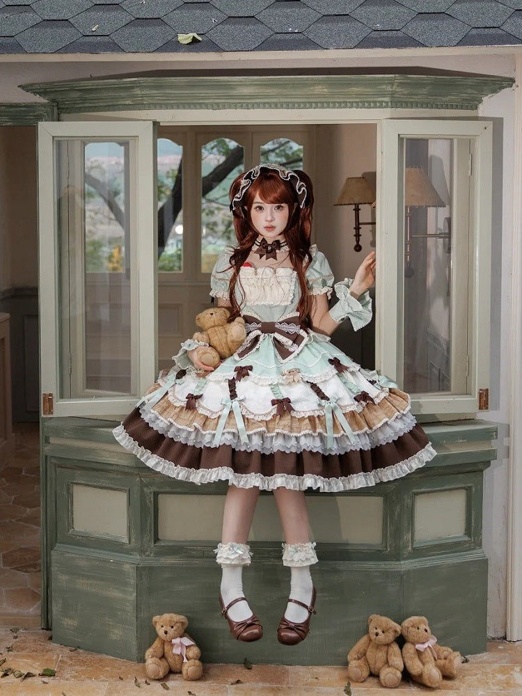 Neckline Bowknot Puff Dress Chocolate Sleeves Details Green Lolita Mint and Square Sweet