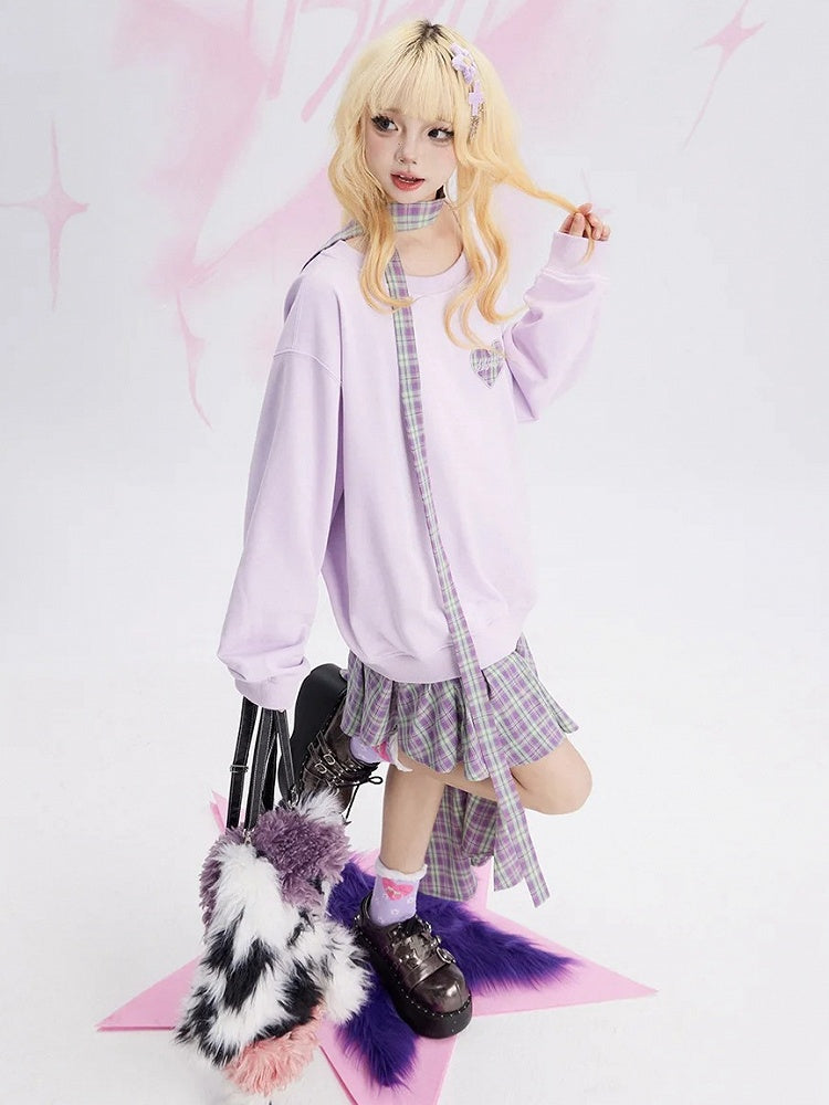 Lila kariertes Patchwork-Sweatshirtkleid mit asymmetrischem Saum und kostenlosem Schal