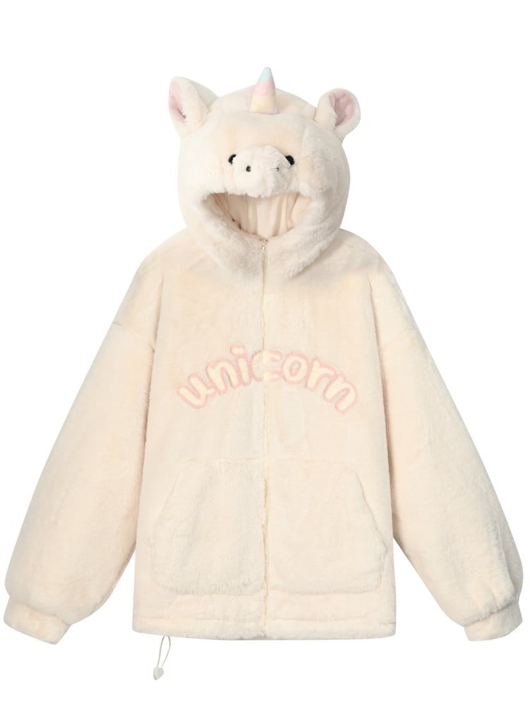 Beigefarbener Fleece-Kapuzenpullover mit Buchstabenmuster und Einhornkopf