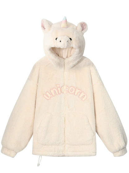 Beigefarbener Fleece-Kapuzenpullover mit Buchstabenmuster und Einhornkopf