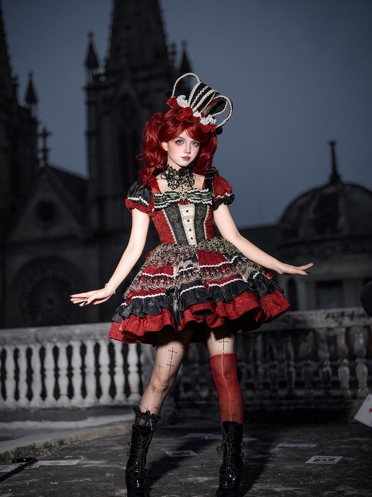 Gothic Lolita Queen of Hearts Dress with Jacquard & Embroidery Detail - Dream Magic Box