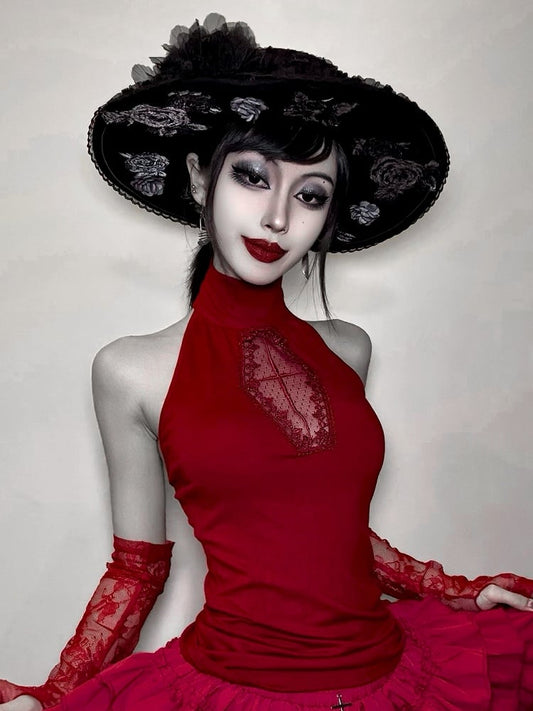 Embroidery Halter Cross with Red Cut-Out Vest Gothic Coffin