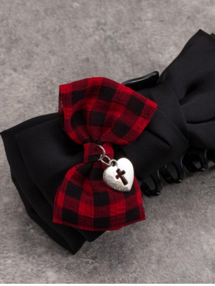 Pattern Claw Clip Red With Plaid Black Bowknot