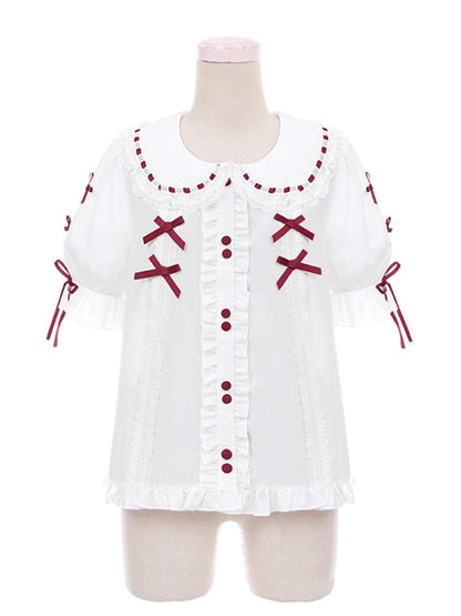 赤い蝶結びと白いピーターパンカラーのレーストリムのスイートロリータブラウス