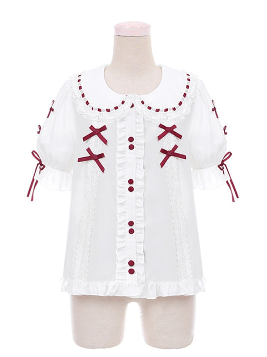 赤い蝶結びと白いピーターパンカラーのレーストリムのスイートロリータブラウス