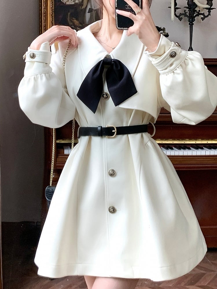 Apricot V-Neck Bow Design Coat with Belt Set - Qchiwawameme