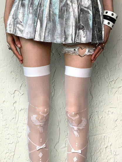 Bowknot Stockings Crisscorss Over-knee White Banded Y2K Details