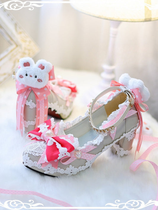 Plush Rose Heels at Sweet Decorated Shoes Lolita Pink 5CM Bow Top Block Bunny