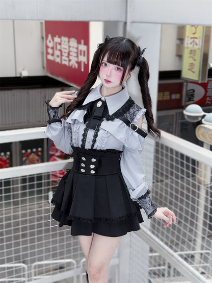 Long Blouse Sleeves Dusty Buttons Blue - Kei Sweetheart Jirai