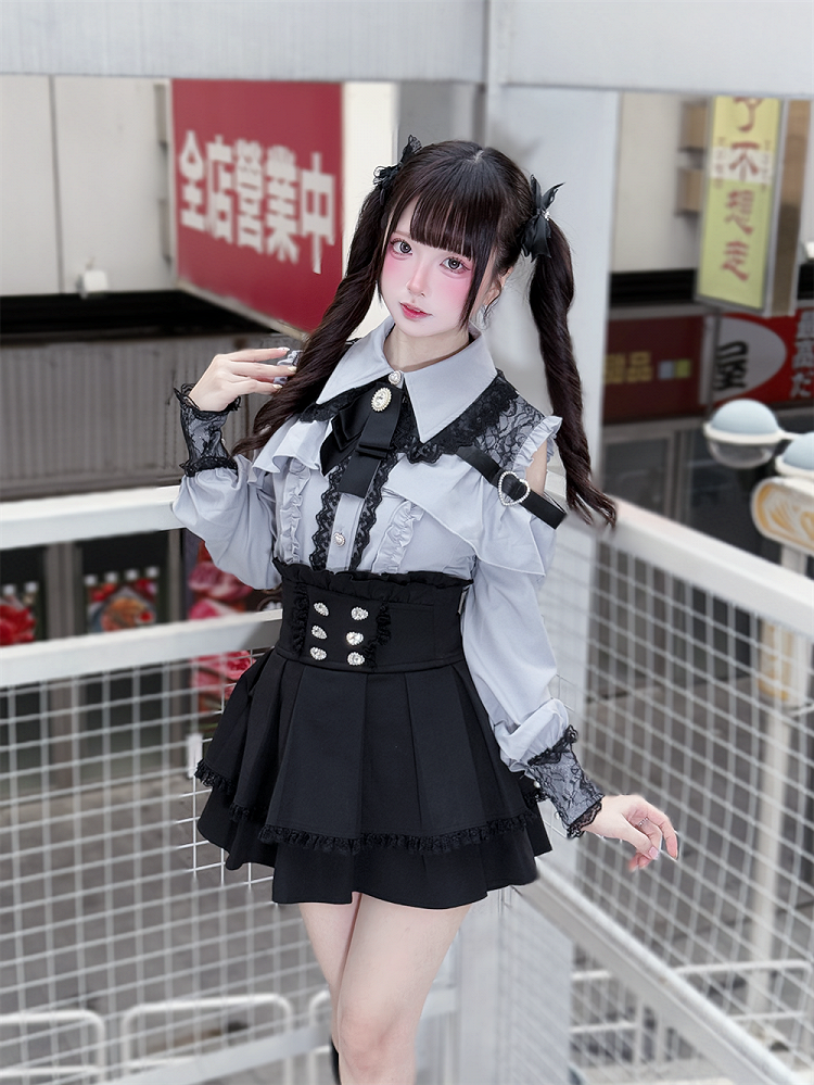 Jirai Sleeves Sweetheart Kei - Dusty Buttons Blue Long Blouse