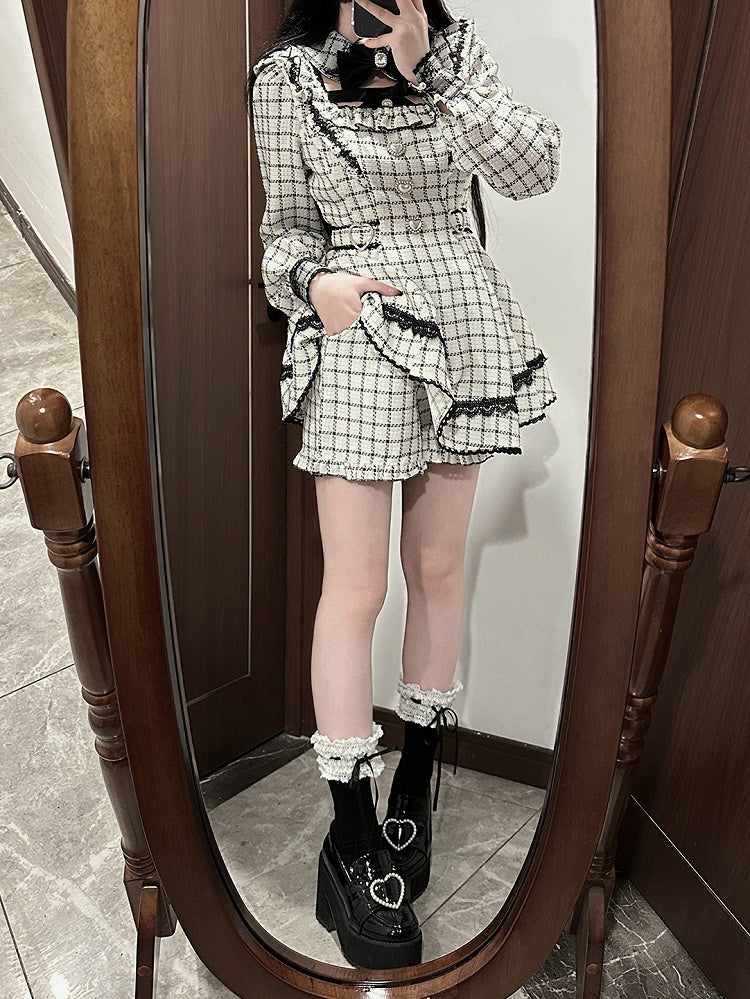 Landmine with Style Dress Coord Plaid Removable Puffy Collar - Beige Tweed Shorts