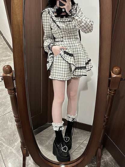 Landmine with Style Dress Coord Plaid Removable Puffy Collar - Beige Tweed Shorts