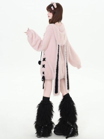 Rosafarbene Strickjacke mit Hasenohren und V-Ausschnitt und Kapuze mit Schnürdetail