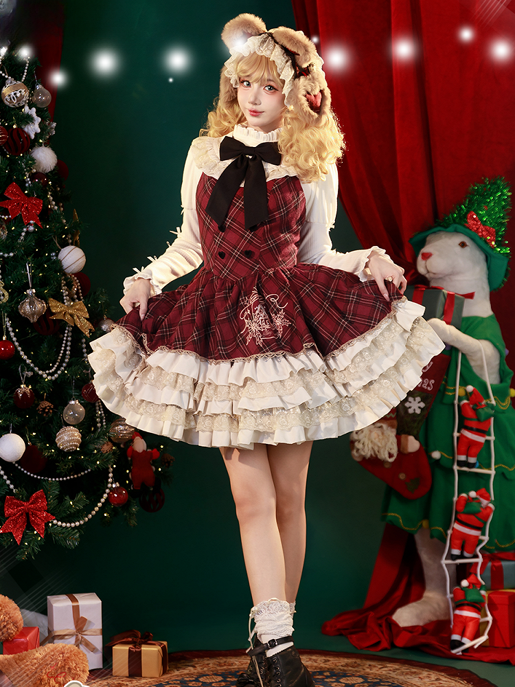 Red and Black Plaid Layered Lace Ruffled Sweet Lolita Dress +  Brown Faux Fur Trim Hooded Cape Set