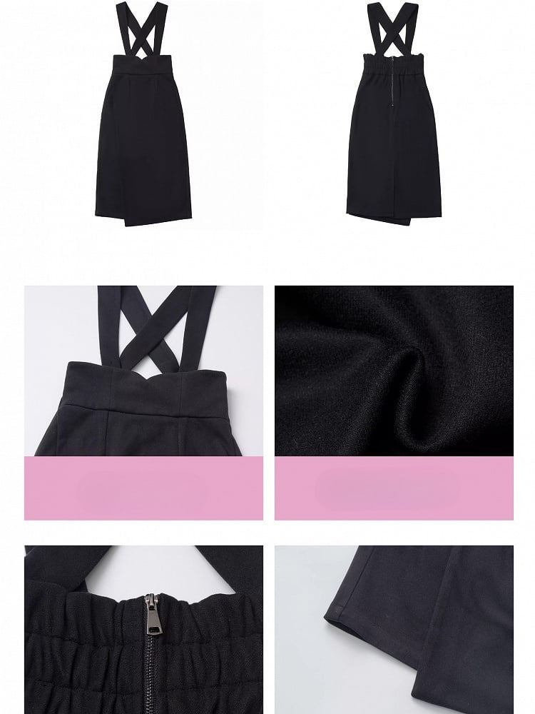 Black Detachable Shoulder Straps Overall Woolen Midi Skirt Asymmetrical Hem