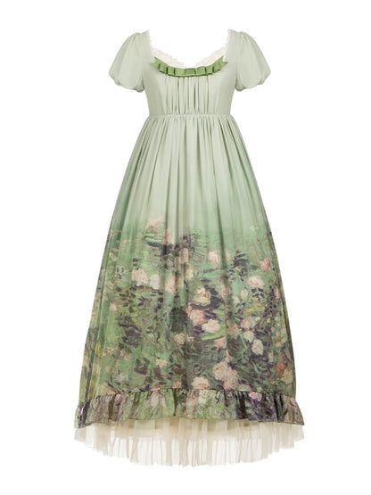 Skirt Print Waist Short Lolita Oil Sleeves Painting Elegant Dress Green Empire
