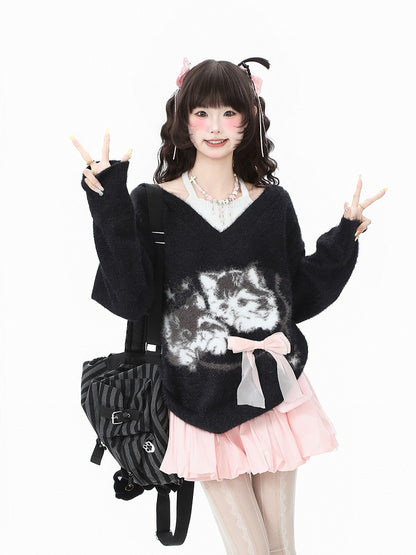 with Cat Sweater Bow Green/Black Pink Faux Two-Piece Knit Print