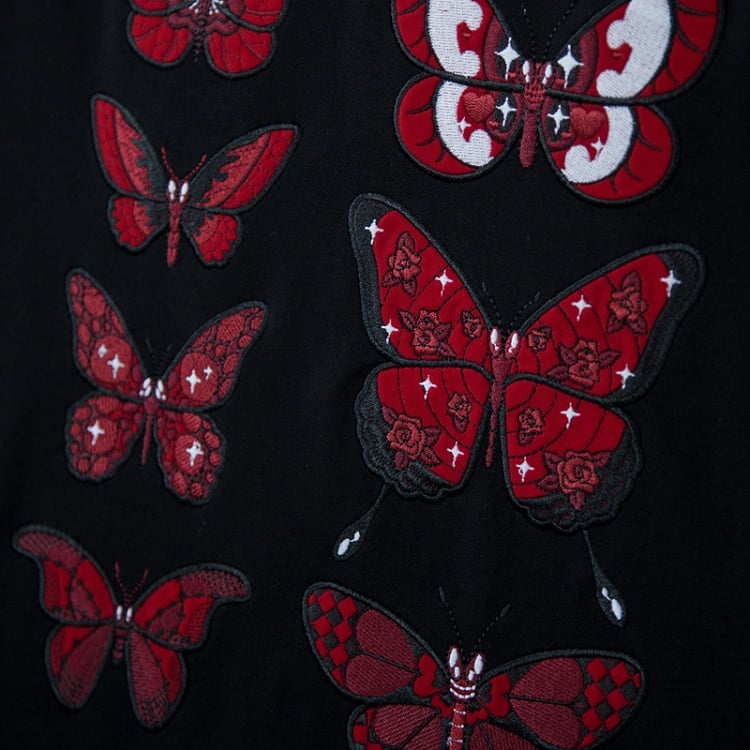 Flock Butterfly Dark Embroidery with Loose Delicate Romance Gothic Red Hoodie Black