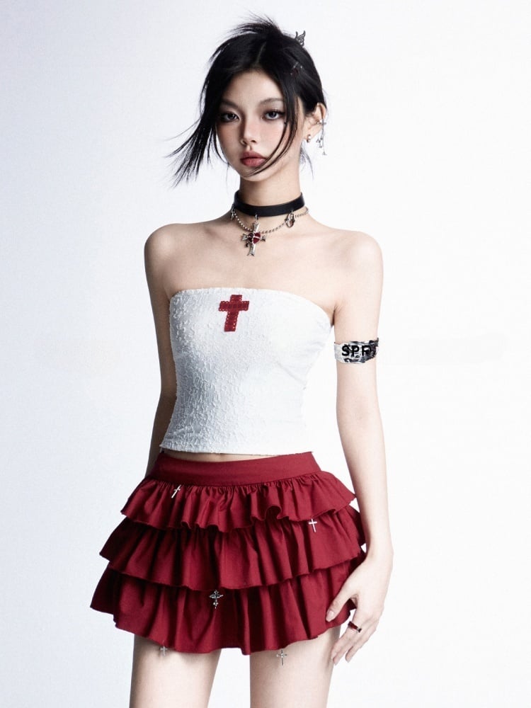 Tiered Skirt Red Cross Applique White Cropped Charms Strapless Top/Red Cross Gothic