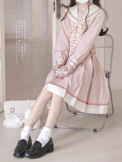 Long Sailor Uniform with Sweet Sleeve JK Beige Blouse Sakura Collar and Pink Embroidery