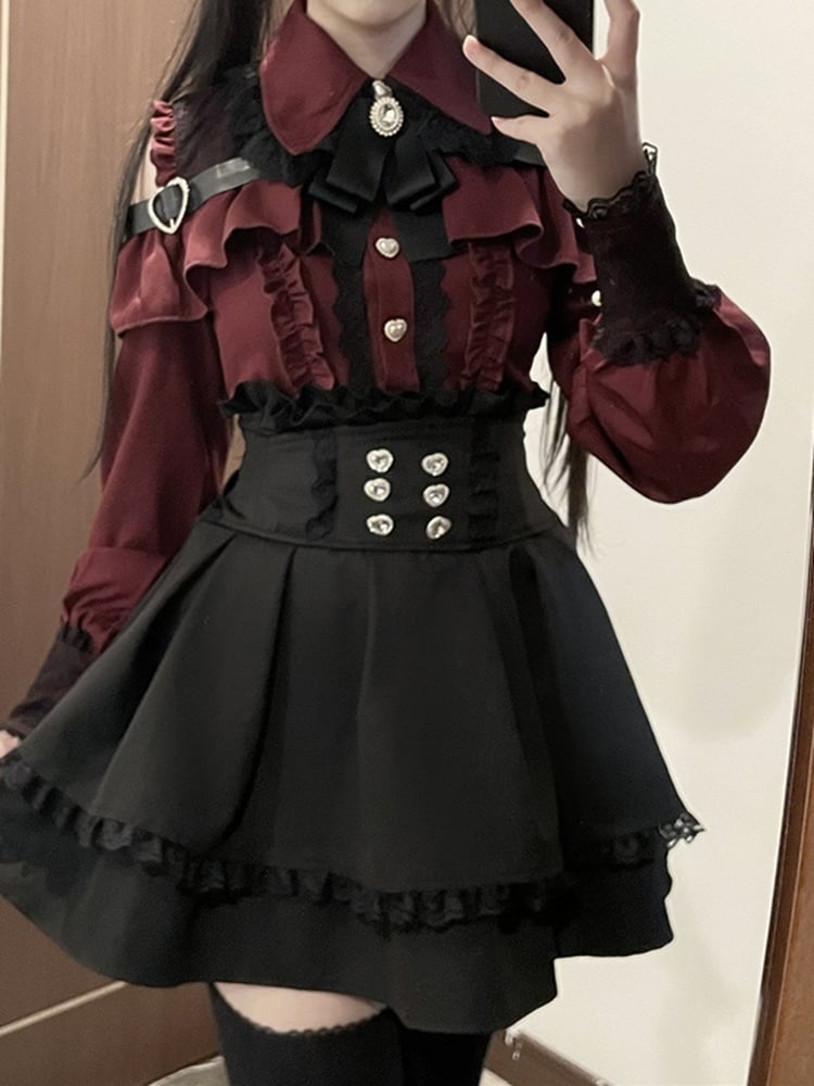 Jirai Button Blouse: Red Sweetheart Closure Wine Kei