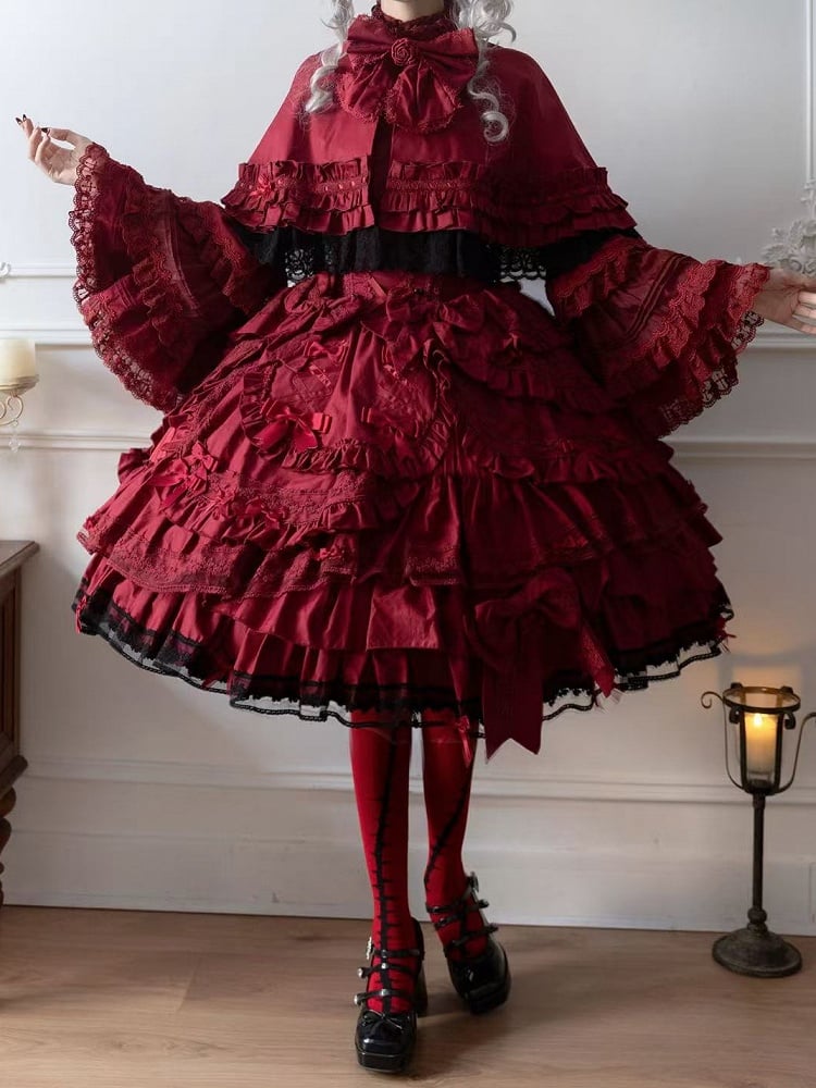 Sleeves Bust + Blouse Bell Gothic - Cape JSK Lolita Wine Set Under Full Red Dress
