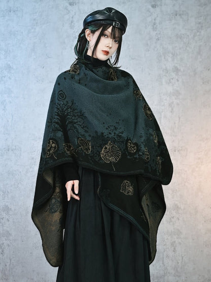 with Goth Design Open Leaf Green - Dark Cheongsam Style Print Placket Shawl