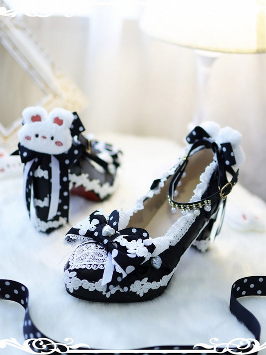 Top Bunny Bow 5CM Heels at Black Sweet Block Plush Shoes Decorated Lolita