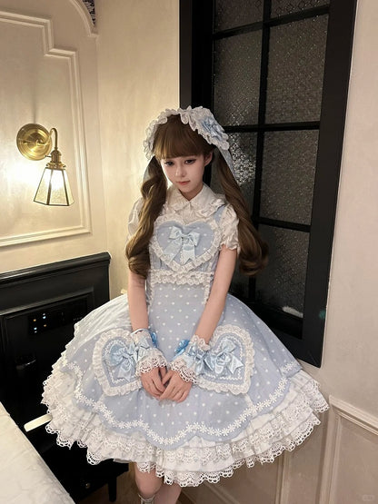 Motifs Blue and White Sweet Heart Dress Bows Lace-Trimmed Lolita with