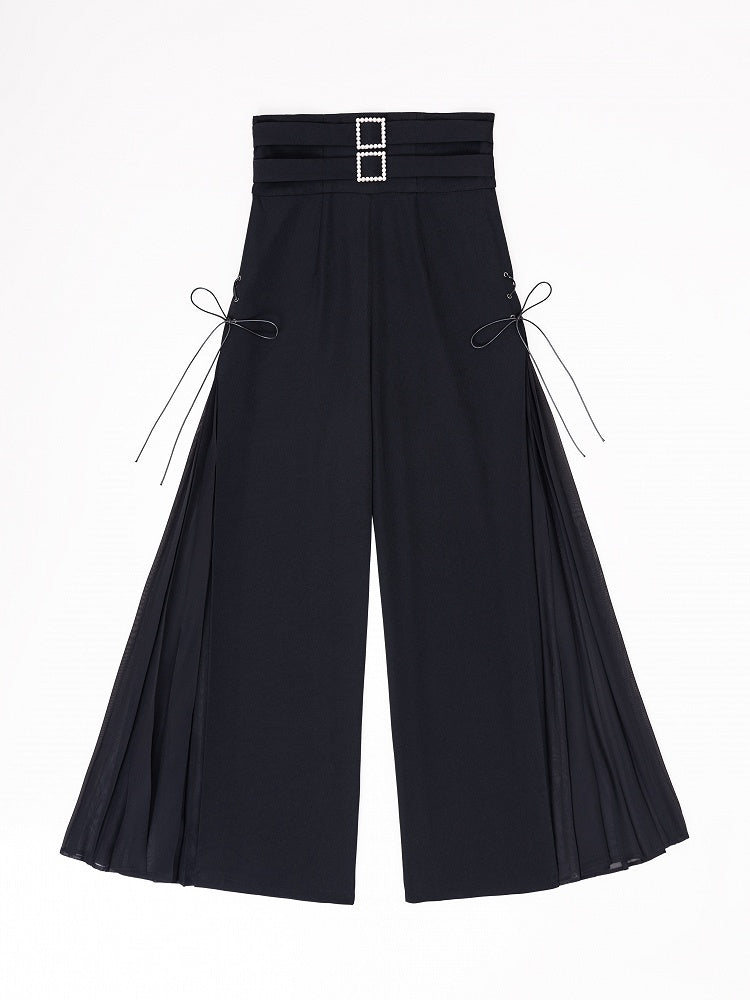 Black High Waist Flowing Pleated Chiffon Wide-leg Pants - DevilInspired Exclusive Collection