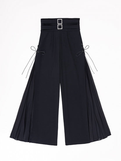 Black High Waist Flowing Pleated Chiffon Wide-leg Pants - DevilInspired Exclusive Collection