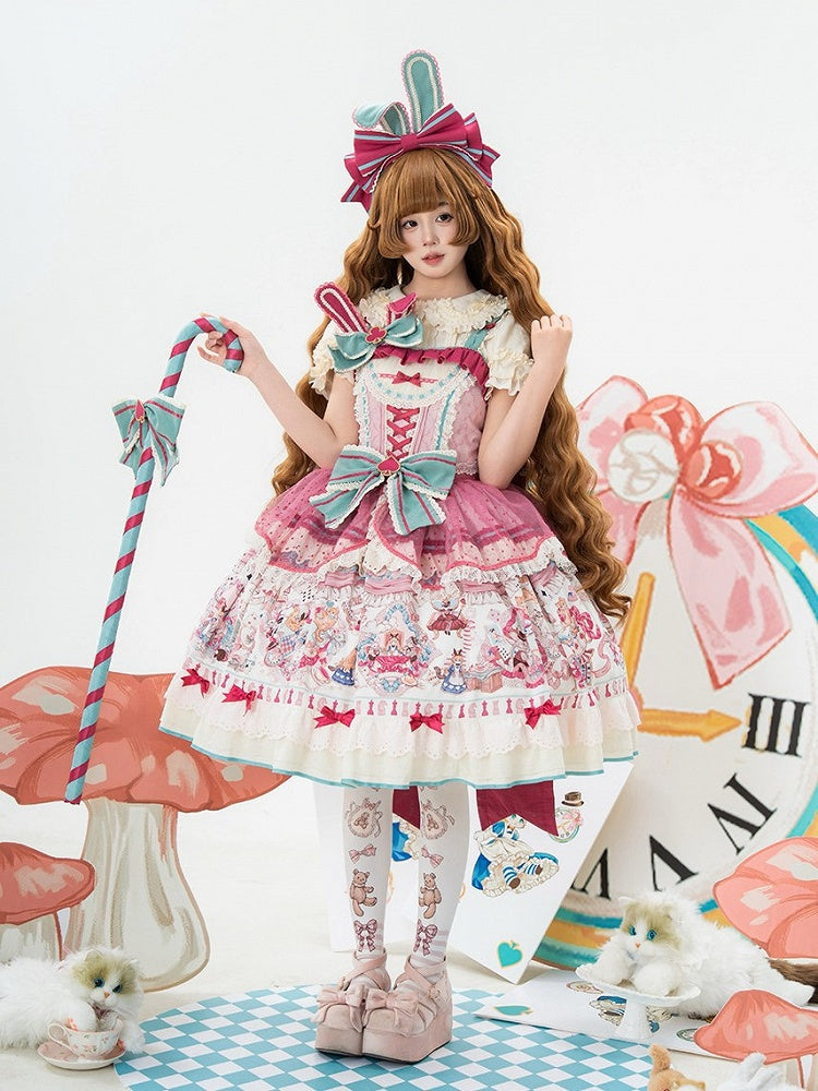 Pink & Green Alice Cat Vibes Sweet Lolita Jumper Skirt with Polka-dot Apron - Mewroco