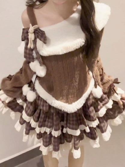 Top Shoulder Sweet Set Skirt Brown Cutout Plaid Lolita + Knit