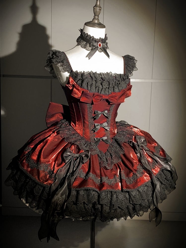 Boned Waist Dress Gothic Balletcore Lolita Black Bows JSK Red with Detachable and