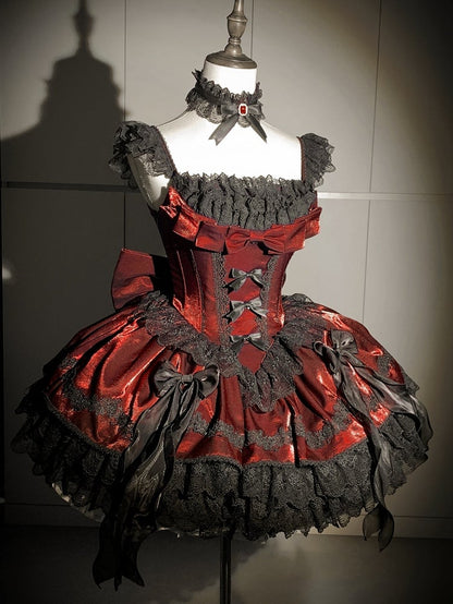 Boned Waist Dress Gothic Balletcore Lolita Black Bows JSK Red with Detachable and