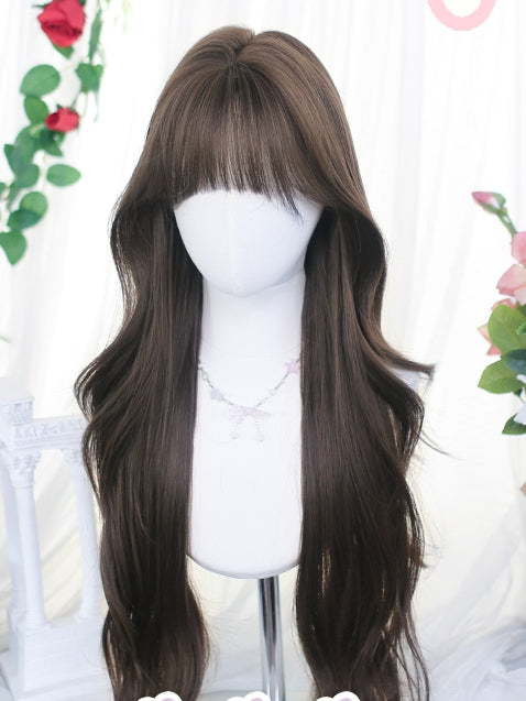 65-70cm Wigs Brown Bangs Wavy Long With Air