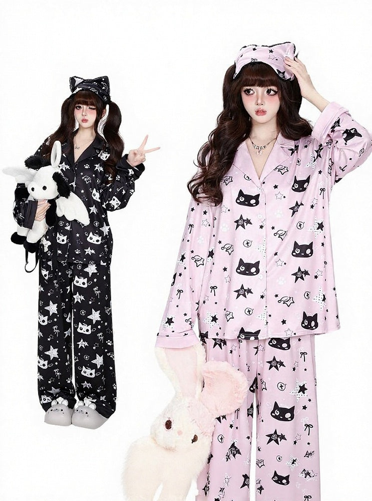 Kawaii Kitty and Star Print Two-Piece Loungewear Set in Pink - CRAZY GIRL